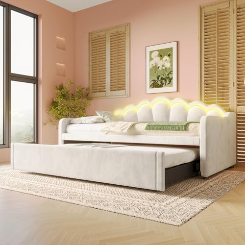 Sofa Bed 90x200cm mit Ausziehbett gleiche höhe, Schlafsofa mit Lattenrost und wellenförmige Kopfteil, Tagesbett mit Ausziehbarem Bett, Einzelbett ausziehbar zum doppelbett, Samt (B-Beige, 90cm*200cm)