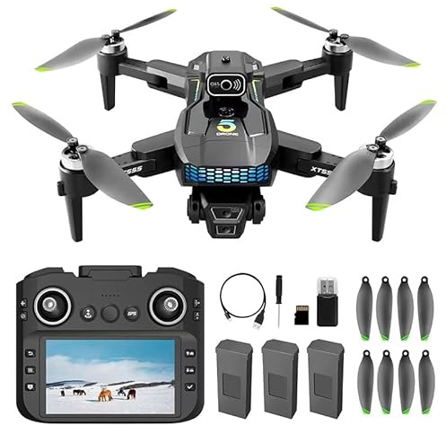 XT555 GPS Drone with 4K EIS Camera for Adults, RC Drone with 4.5 HD Screen on Controller, 60 Mins Flight Time, Long Range Transmission, Follow Me, Auto Return, Brushless Motor, Obstacle Avoidance, Lightweight and Foldable Quadcopter for Beginner Birthday Gifts Toy