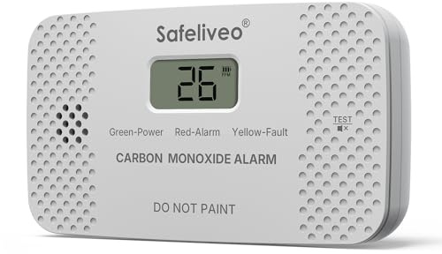 Safeliveo Detector de Monóxido de Carbono con Pantalla LCD,con Batería Reemplazable y botón de Prueba,Certificado EN 50291,Monitor Detector de CO Portátil para Hogar, Caravanas -Gris Claro, 1 Pieza