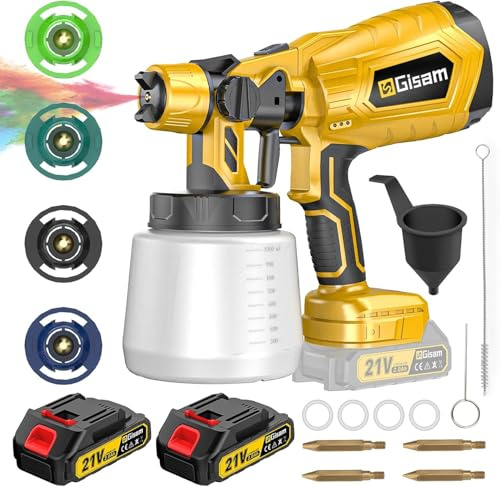 Gisam Farbsprühsystem Wandfarbe Akku Farbspritzpistole, Farbpistole Mit 2 Akuu, 4 Düse, 1000ml Behälter für Paint Blast (2-mit 2 Akku)