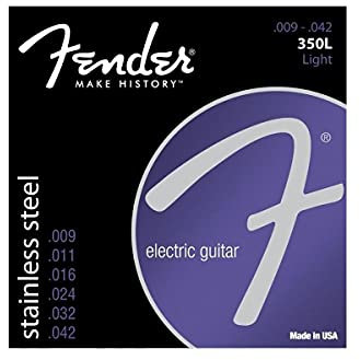 Fender Stainless 350's Guitar Strings, Stainless Steel, Ball End, 350L Gauges .009-.042, (6)