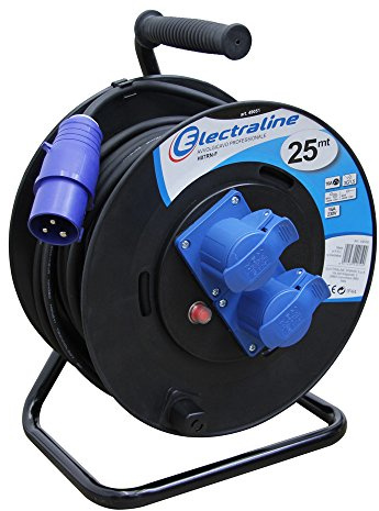 Electraline 49051 prolunga in gomma con avvolgicavo 25 mt 2 prese industriali IEC spina a 3 poli CEE adatto per camper, campeggio, caravan, barca, cantiere - IP44