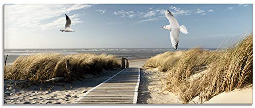 ARTland Wanddeko Glasbilder Wandbild Glas Bild einteilig 125x50 cm Querformat Strand Meer Nordsee Küste Möwen Himmel Steg Natur Landschaft Dünen T9NJ