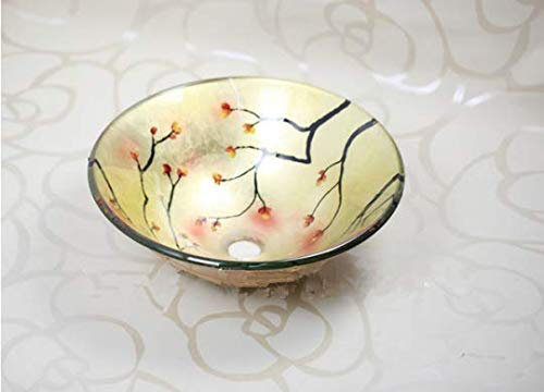 GOWE Flower Hand-Painted Artistic Victory Vessel Wash Basin Tempered Glass Sink Bathroom Basin with Brass