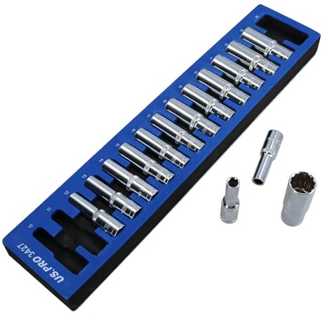 US PRO Tools 15pc 1/2'' Dr 12 Point Deep Sockets in Foam Tray 10-24mm 3427