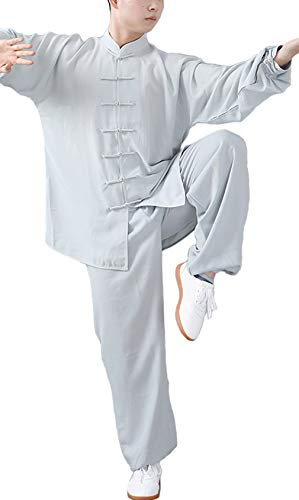 FUYUFU Coton et Lin Tenue de Tai Chi Unisexe Vêtements D’Arts Martiaux Kung-fu Costume pour Homme et Femme (Un Ensemble) (Livide/Manches Longues, S)