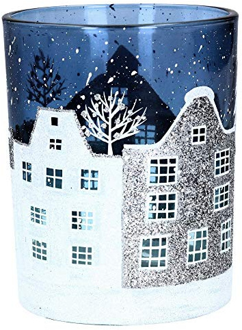 Gisela Graham Teelichthalter, Glas, Straßenszene, groß, Blau/Weiß