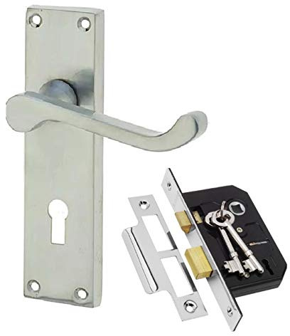 Golden Grace Victorian Scroll Door Handle Lock Set, Satin Brushed Chrome | Includes 150mm x 40mm backplate, 2 keys, and all mounting screws for quick installation, reinforcing home security.
