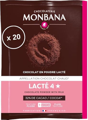 Monbana – Chocolat en poudre Lacté 4 Étoiles - 20 Sachets Individuels – Boisson Instantanée