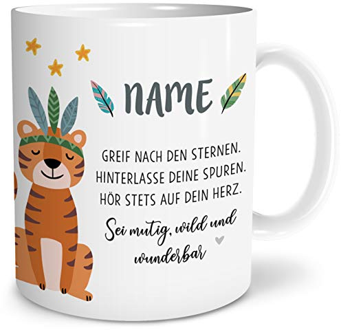 OWLBOOK® Personalisierte Tasse für Kinder Personalisiert Boho Tiger Kinder Tasse Geschenke Geschenkideen für Kinder Junge Mädchen zum Geburtstag Schulanfang Kindertasse Keramik 300 ml