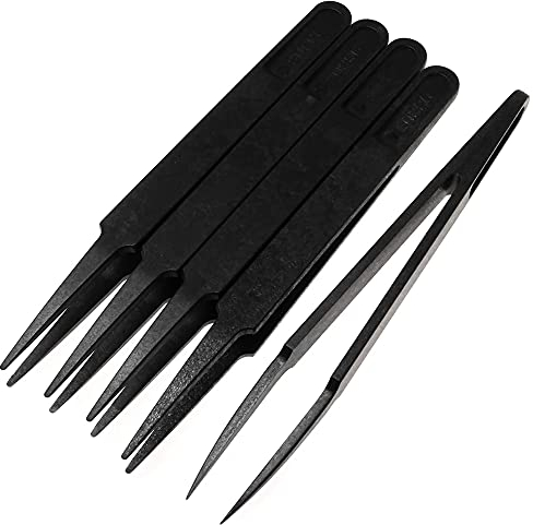MMOBIEL 5-TLG Antistatisches multifunktionales Präzisionspinzetten Set aus Kunststoff, Pinzette mit spitzer Spitze für Elektronik, Schmuckherstellung, Laborarbeiten, Reparatur schwarz
