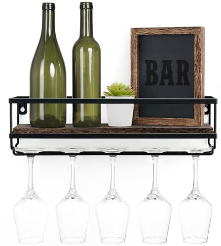 Mkono Wall Mounted Wine Rack - Bottle & Glass Holder Wood Rustic Floating Racks with Stemware Hanger Modern Plants Photos Wine Bottles Display Wall Storage Shelf for Kitchen Dining Room Home Bar