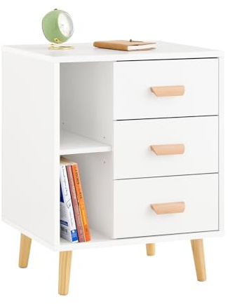 SoBuy Nachttisch mit 3 Schubladen und 2 Ablagen 48x40x60cm | Moderner Beistelltisch und Aufbewahrungsschrank für Schlafzimmer Weiß FBT95-W