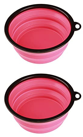 Cuenco plegable de silicona de viaje, 350 ml, paquete de dos, cuenco portátil para alimentos y bebidas con gancho para perros y gatos (rosa)