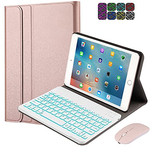 QYiD Funda con teclado para iPad Mini 5 / Mini 4 / Mini 3 / Mini 2 / Mini 1, desmontable Bluetooth inalámbrico, 7 colores retroiluminados, Smart Folio Funda de piel, rosa dorado