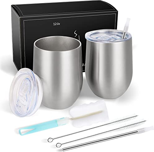 Joymaking 2 Stück Weinbecher Edelstahl, Stemless Weinbecher mit Deckel, Doppelwandige Unbreakable Travel Becher für Milk, Kaffee, Wein, Bier, Champagner, Cocktails, Silber