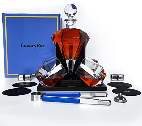 LuxuryBar Ensemble carafe à whisky avec verres et 4 IceCube, carafe à décanter tequila bourbon, cadeau pour homme, carafe à décanter à whisky, carafe à décanter en cristal pour vodka pour alcool