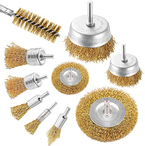 Wire Wheel Brush Drill 10 Piece Set, Brass Coated Wire Brush Wheel Set with 1/4-Inch Shank Brush Kit Cup Brush and Tube Brush Kit for Cleaning, Rust Removal, Polishing, Deburring & Paint Removal