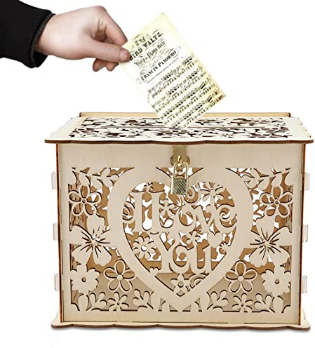 Buachois Hochzeit Geschenkkarten Box, DIY Hohle Hochzeitskarten Box mit Schlitz und Schloss, Holz Deko Geldbox Geschenk Karten Kiste für Empfang, Hochzeitstag, Babyparty, Geburtstag, Abschlussfeier