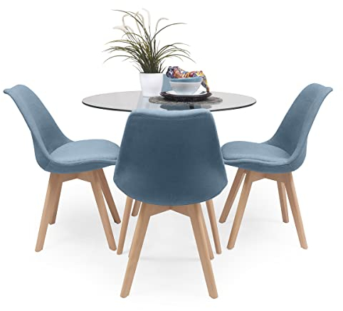Homely - Conjunto de Comedor Tower Day Tela Mesa Redonda de Cristal de 100 cm y 4 sillas de diseño nórdico tapizadas (Azul)