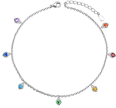 HOOHWE Fußkettchen für Damen Sterling Silber Rainbow Stein Herz Mehrfarbig CZ Armband Verstellbar Geburtstag Schmuck Geschenk für Schwester Tochter