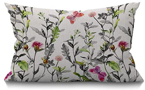 BGBDEIA Cushion Cover Herbs Meadow Garden Flowers Grass Watercolor Floral Beautiful Butterfly Rectangular Throw Pillow Cover for Couch Sofa Home Decor Cotton Linen 30 x 50 cm 12x20 Inch