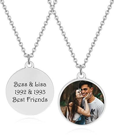 JSDDE Personalisiert Kette mit Fotogravur und Textgravur Kette mit Bild Wunschgravur Anhänger Halskette Personalisierter Schmuck für Damen Herren