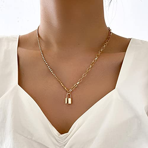 TseenYi Lock Necklace Half Chain Rhinestone Necklace Gold Padlock Pendant Necklace Boho Clavicle Chain Jewelry for women and Girls Gifts