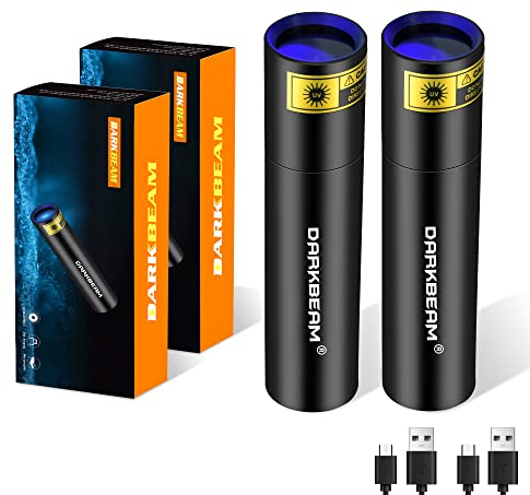 DARKBEAM Torcia UV 365nm Lampada di legno USB ricaricabile Luce ultravioletta LED Blacklight portatile Mini, rivelatore per urina di animali domestici,macchie,vetro di uranio,denaro,ambra 370, 2 Pack
