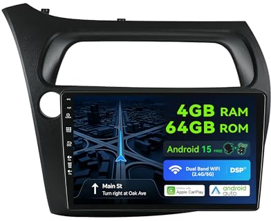 BXLIYER Android 15 IPS Autoradio pour Honda Civic (2006-2012) - [4G+64G] - Senza fili Carplay/Android Auto - LED Caméra + MIC - 2 Din 9 Pouce - DSP Dab Volant AHD-Caméra WLAN 4G 360-Caméra Fast-Boot