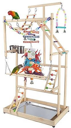 Large Parrot Playground 4 Layers - Bird Playground Cockatiel Wood Perch Gym Playpen Play Gym Parrot Playstand Bird Perches for Parakeets Lovebirds Conure Cockatoos Finch Budgies