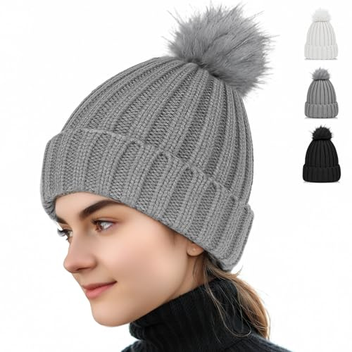Beanie hat for Women, Soft Winter Hats with Faux Fur Pom for Women, Thick Knitted Ski Cap Warm Hat, Warm Fleece Lining Beanie for Cold Weather Outdoor Camping Hiking Skiing Gray