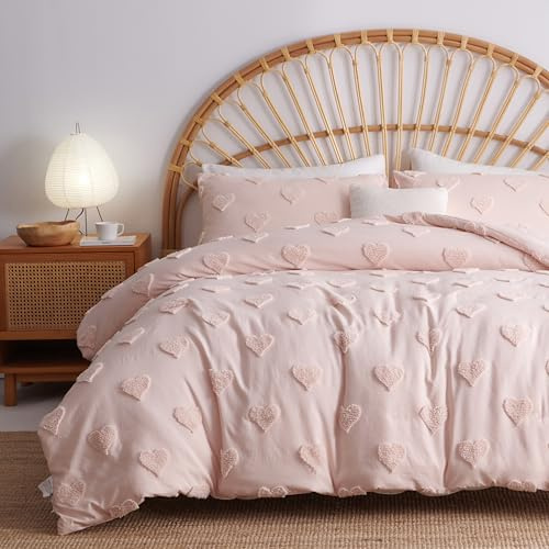 Freyamy Romantisch Bettwäsche 220x240 3teilig Rosa Einfarbig Bettwäsche Stickerei Handwerk Bohemian Weich Warm Bettwäsche-sets Gewaschene Mikrofaser Bettbezug mit Reißverschluss + 2 Kissenbezüge 80x80