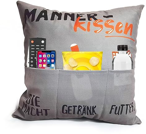 APOMOONS 45 x 45 cm Originelles Dekokissen Kissen Kissenbezug männerkissen mit Taschen für Bier Macht Snacks Lustige Männer Kissenbezug für Männer Papa Geschenk zum Geburtstag Vatertag Weihnachten