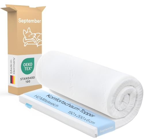 September – Topper 150x200 cm Komfortschaum mit 6 cm Höhe – Matratzenauflage mittelweicher Härtegrad H2/H3 für Matratzen, Boxspringbetten etc. – Oeko-TEX® Standard 100 zert. – Bezug bei 60°C waschbar