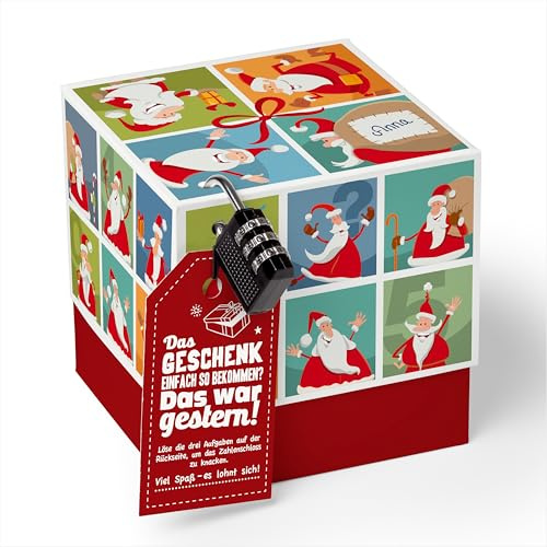 SURPRISA Geschenkbox für Weihnachten, Rätselbox Geldgeschenke Verpackung für Gutscheine, Weihnachtsmann Rätsel, Größe S (12cm)