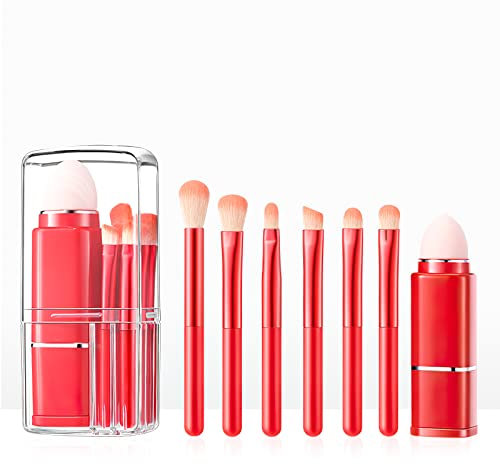 8 piezas juego de brochas de maquillaje, portátil set de pinceles maquillaje para polvos, colorete, correctores, ojos, retractiles brochas pequeñas viaje maquillaje, con estuche (rojo)
