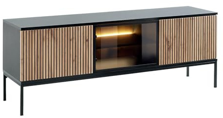 Vente-unique - Mueble TV de 3 Puertas con Leds de MDF y Vidrio Ahumado - Negro y Natural - Ovila