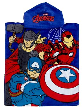 Character World Poncho de Toalla con Capucha Oficial de Disney Marvel Avengers | Tacto súper Suave, Capitán América, Iron Man, diseño de Thor | Albornoz hogar, baño y Playa, Multicolor, 115 x 50 cm