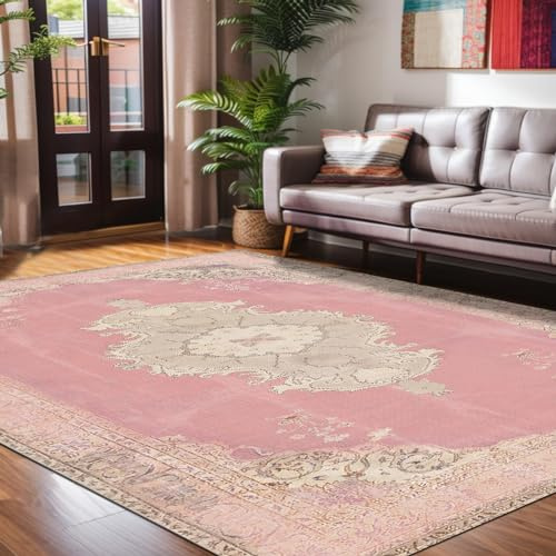 bamyum Lix Bedruckter Teppich Chenille-Druck Maschinell Hergestellt 200 x 300 cm, Waschbarer Wohnzimmer Vintage Teppich Schlafzimmer, Antibakteriell Antirutschunterlage Küchenteppich Rose