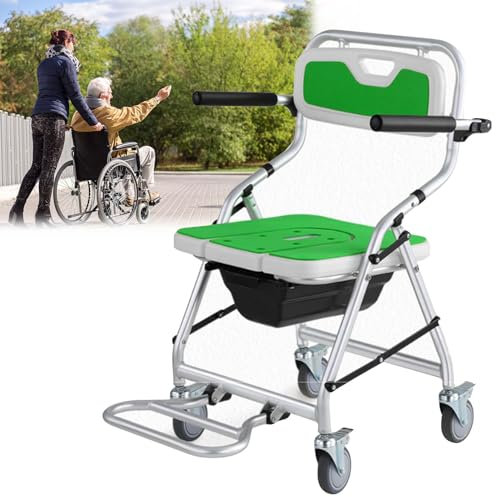 Mobiler Duschstuhl mit feststellbaren Rollen, Toilettenstuhl auf Rollen, Nachttoiletten für ältere Menschen, Duschhocker mit hochklappbaren Armen und ergonomischer Rückenlehne, Tragfähigkeit 150