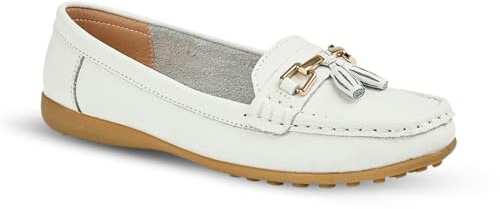 Ladies Loafers Flats Wide Leather Tassle Cushioned Casual Slip On Womens Nautical Boat Comfort Shoes (White, UK Footwear Size System, Adult, Women, Numeric, Wide, 5)