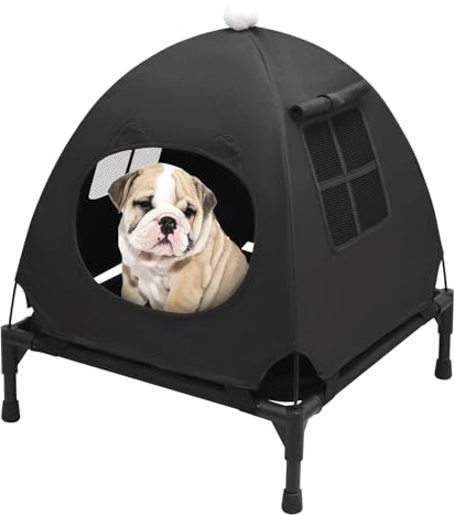 pozico Elevated Pet Bed with Breathable Mesh for Small Cat and Dog, Raised Cooling Pet Cot for Puppy and Kitty, 18.9x18.9 inch (Black Bed with Canopy)
