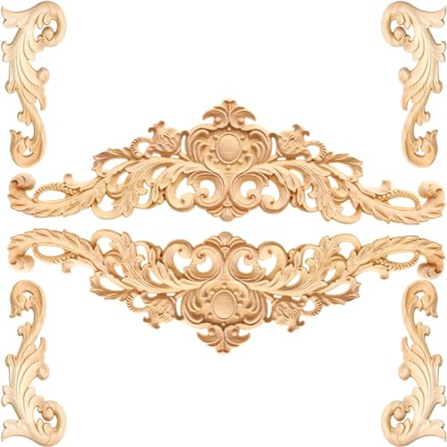 Dtoterul 6 Stück Holzornamente für Möbel Vintage, Geschnitzte Ecke Onlay Applique, Dekorative Holzapplikationen, Geeignet für Wände, Betten, Türen