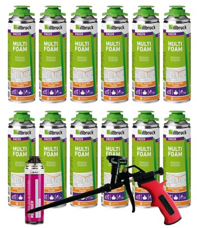 FM220 Bauschaum Montageschaum Pistolenschaum Multischaum Fensterschaum hohe Schalldämmung Wärmedämmung 500ml Kombisets (mit Reiniger AA290 + Schaumpistole Business, 12x 500ml)