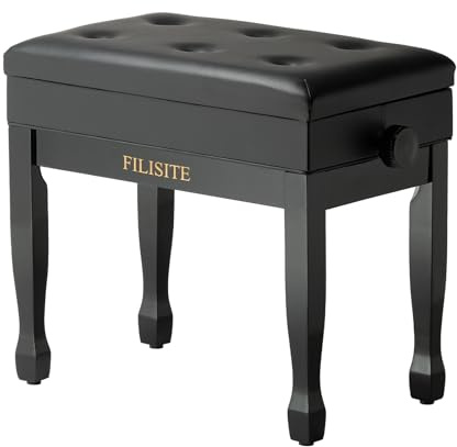 FILISITE Adjustable Height Piano Stool Bench PU Leather Cushion Wooden Keyboard Seat with Music Storage (Black)