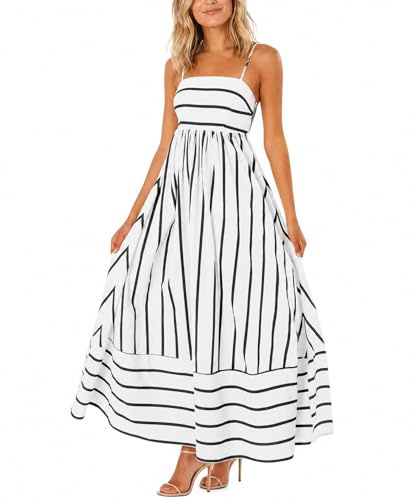 chouyatou Women's Striped Back Smocked Maxi Dress Sexy Spaghetti Strap Cut Out Flowy Swing Long Dress (Small, Black White)