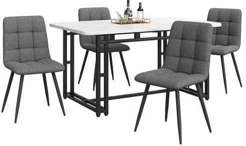 HAUSPROFI Esstisch Set mit 4 Stühlen, Rechteckig Küche Esstisch Sitzgruppe, Modern Design Holzmöbel Esszimmergruppe für Wohnzimmer Küche Büro (Grau + Schwarz, Leinen, 140x80x74cm)