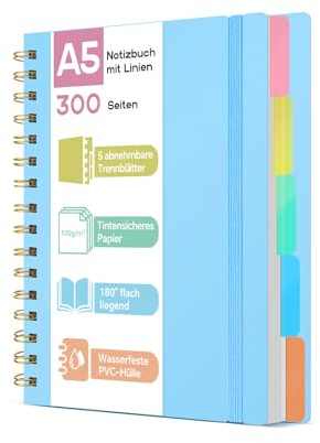 ihaspoko A5 Notizbuch mit Register - 100g/m² nicht durchscheinendes Papier, 300 Seiten, PVC Hardcover, Spiralbindung für Schule, Büro & Geschenke (Blau)