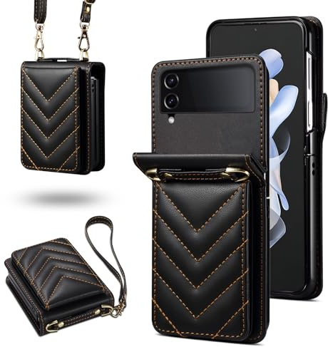YDIJCYAN Fodral för Samsung Galaxy Z Flip 5 plånboksfodral plånboksfodral i PU-läder med avtagbar och justerbar rem och RFID-stöldskydd,folioskydd för Samsung Z Flip 5 fodral,svart